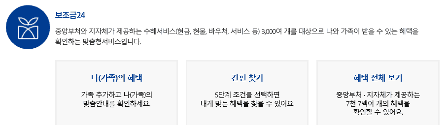 보조금24 혜택 검색 메뉴 화면