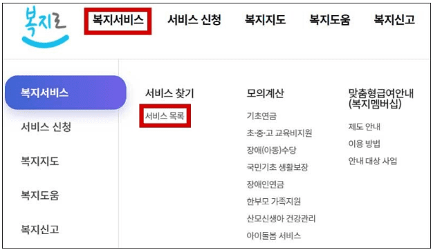 복지로 서비스 찾기 메뉴 화면