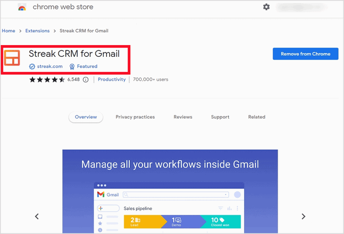크롬 웹스토어에서 Streak CRM for Gmail 설치