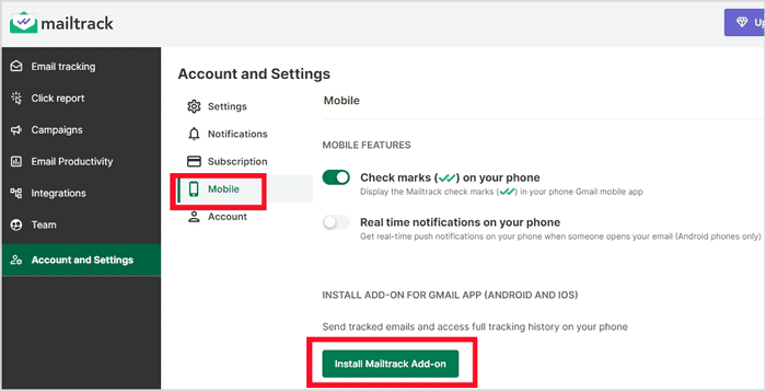 Mailtrack 설정에서 모바일 사용 활성화 확인